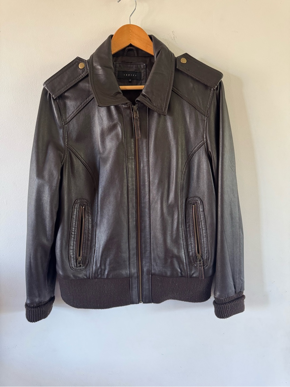 Esprit Brown Genuine Leather Jacket Women’s L Bomber Moto Zip Pockets